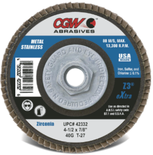 4-1/2" x 5/8"-11 40 Grit Type 27 Z3 Flap Disc, CGW